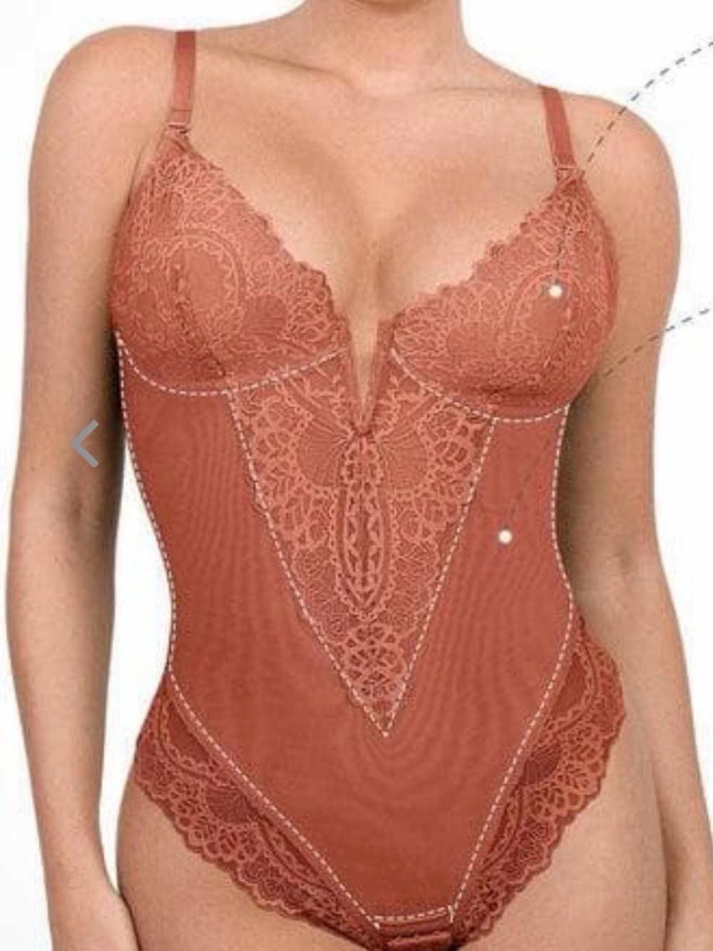 Popilush Shapewear Lace Deep V-Neck Sculpting Thong Bodysuit - Chocolate